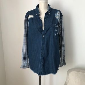 [LF] Furst of a Kind Denim Plaid Button Down Top